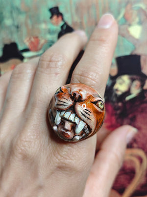 Head in Tigerβs Mouth Ring β Handmade Clay & Resin Surreal Statement Jewelry with Adjustable Stainless Steel Band - SAMA