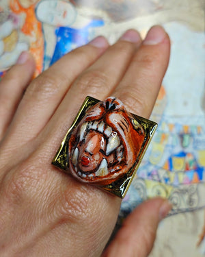 Head in Tigerβs Mouth Ring β Handmade Clay & Resin Surreal Statement Jewelry with Adjustable Stainless Steel Band OOAK - SAMA