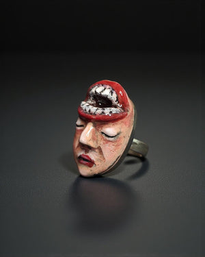 Head with Mouth Opening Ring β Handmade Clay & Resin Surreal Statement Jewelry, Sculptural Dark Fantasy Wearable Art with Sterling Silver S9