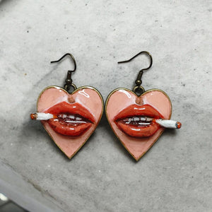 Heart Cigar Earrings β Handmade Clay & Resin Surreal Statement Jewelry, Sculptural Wearable Art with Zinc Alloy Hooks