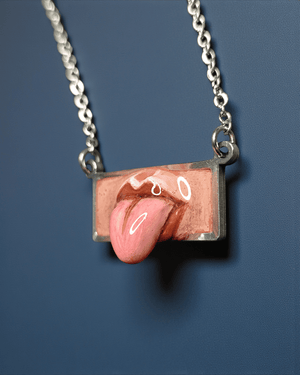 Horizontal Tongue Coming Out Necklace β Handmade Clay & Resin Surreal Statement Jewelry, Sculptural Fantasy Wearable Art with Stainless Steel Chain / Pendant - SAMA