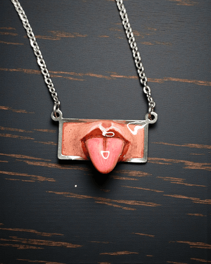 Horizontal Tongue Coming Out Necklace β Handmade Clay & Resin Surreal Statement Jewelry, Sculptural Fantasy Wearable Art with Stainless Steel Chain / Pendant - SAMA