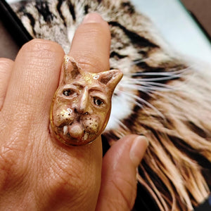Human Cat Chimera Ring β Handmade Clay Surreal Statement Jewelry, Sculptural Fantasy Wearable Art on Adjustable Stainless Steel Band OOAK