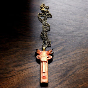 Human Deer Chimera Necklace β Handmade Clay Resin Surreal Statement Jewelry, Sculptural Fantasy Wearable Art with Alloy Pendant / Chain OOAK