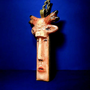 Human Deer Chimera Necklace β Handmade Clay Resin Surreal Statement Jewelry, Sculptural Fantasy Wearable Art with Alloy Pendant / Chain OOAK