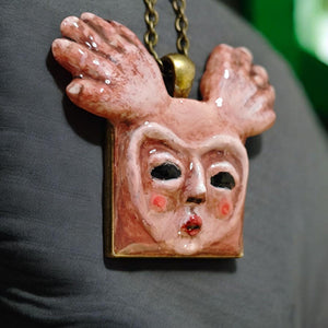 Human Deer Chimera Necklace β Handmade Clay Resin Surreal Statement Jewelry, Sculptural Fantasy Wearable Art with Alloy Pendant / Chain OOAK