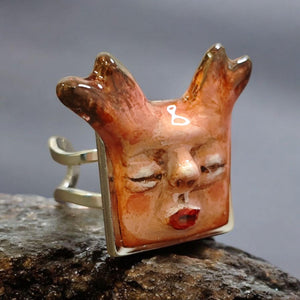 Human Deer Chimera Ring β Handmade Clay Surreal Statement Jewelry, Sculptural Fantasy Wearable Art, Adjustable Stainless Steel Band OOAK