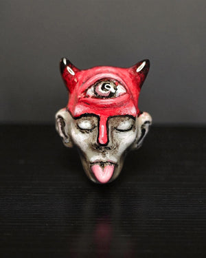 Human Face with Tongue Out, Horns & Third Eye Ring β Handmade Clay and Resin Surreal Statement Jewelry, Sculptural Fantasy Wearable Art with