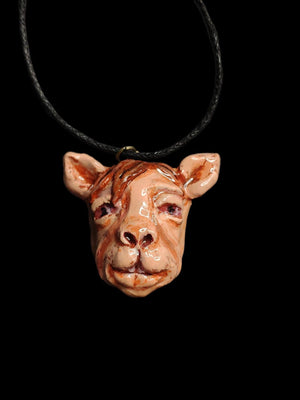 Human Rabbit Chimera Necklace β Handmade Clay & Resin Surreal Statement Jewelry, Sculptural Fantasy Wearable Art OOAK