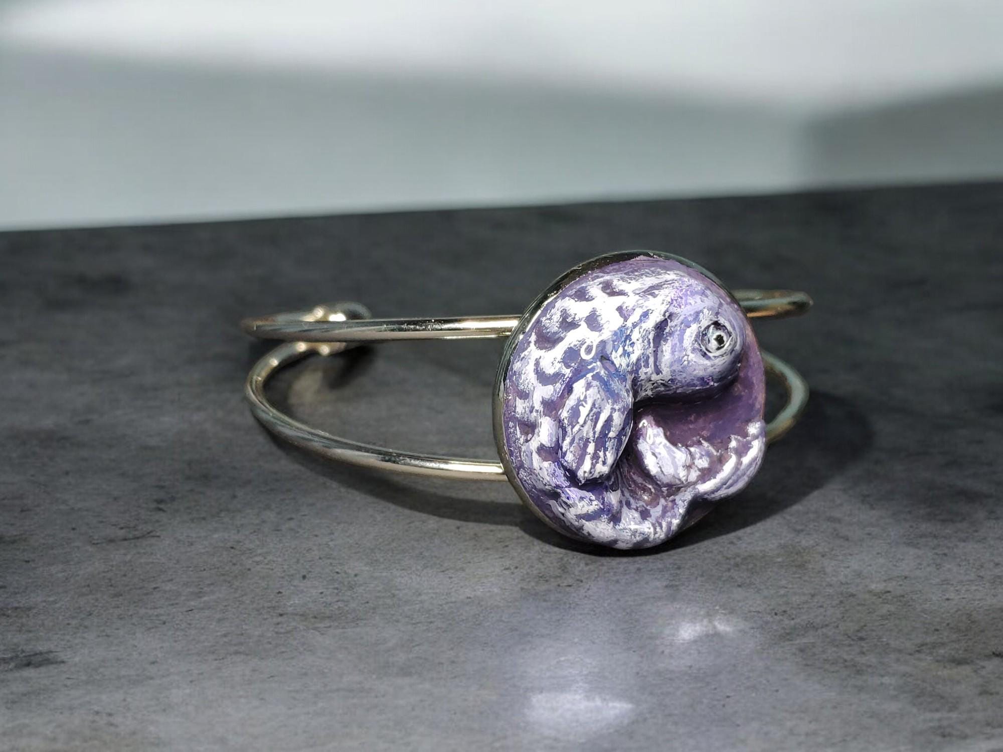 Fish Bracelet ā Handmade Clay & Resin Surreal Statement Jewelry, Sculptural Fantasy Wearable Art with Adjustable Copper Band OOAK