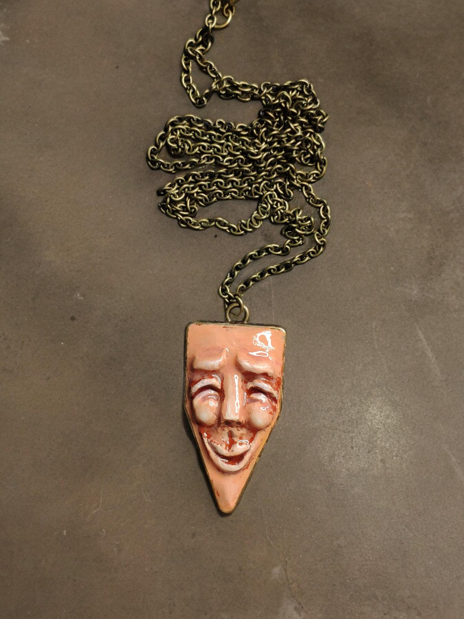 Happy Person Necklace ā Handmade Clay & Resin Surreal Statement Jewelry, Sculptural Artistic Wearable Art with Alloy Pendant / Chain OOAK