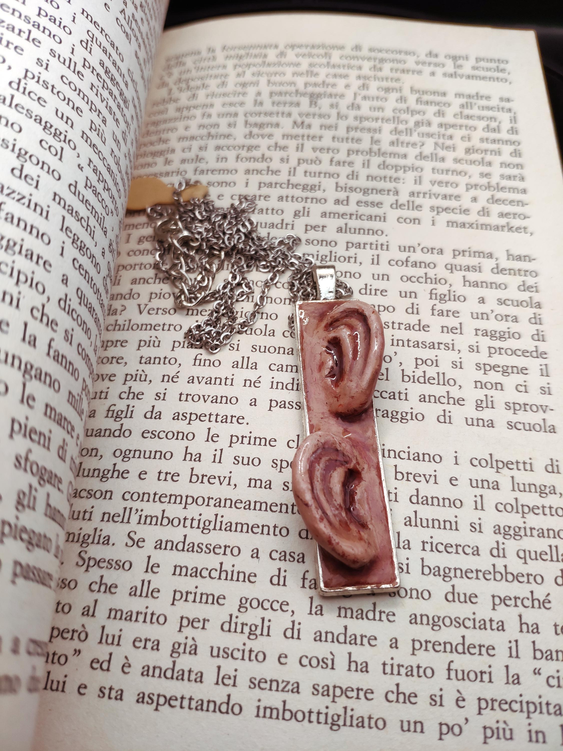 Two Ears Necklace ā Handmade Clay & Resin Surreal Statement Jewelry, Sculptural Artistic Wearable Art with Alloy Pendant / Chain OOAK