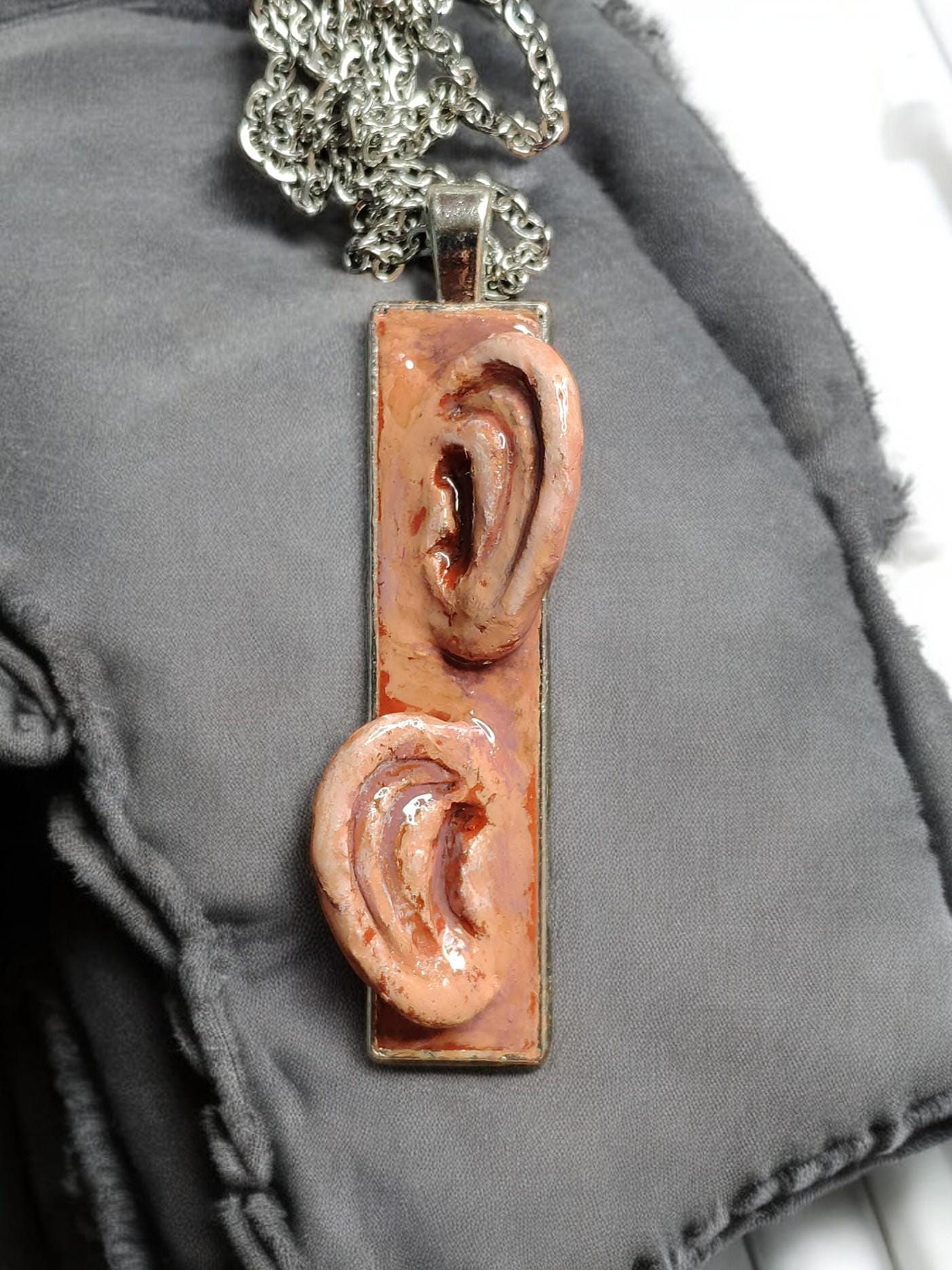 Two Ears Necklace – Handmade Clay & Resin Surreal Statement Jewelry, Sculptural Artistic Wearable Art with Alloy Pendant / Chain OOAK