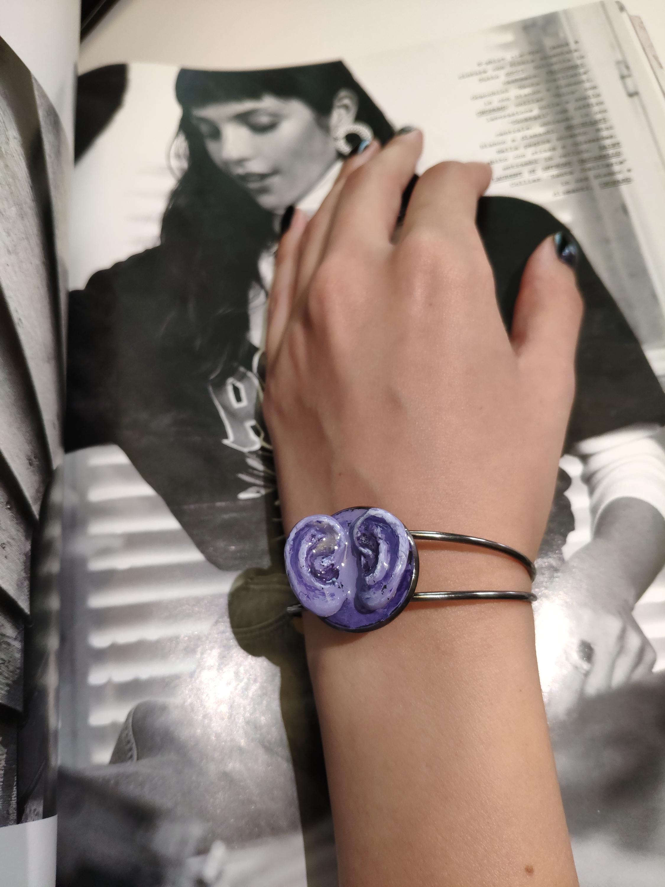 Two Ears Bracelet ā Handmade Clay & Resin Surreal Statement Jewelry, Sculptural Artistic Wearable Art with Adjustable Copper Band OOAK