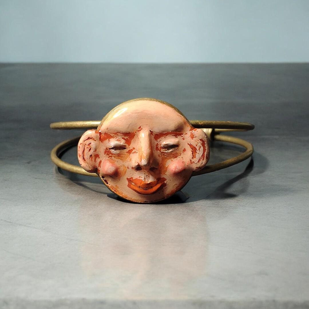 Smiling Face Bracelet – Handmade Clay & Resin Surreal Statement Jewelry, Sculptural Artistic Wearable Art with Adjustable Copper Band OOAK