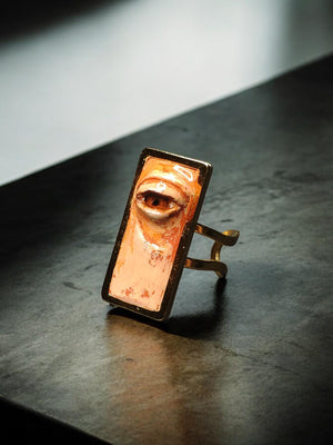 Rectangular One Eye Ring ā Handmade Clay & Resin Surreal Statement Jewelry, Sculptural Wearable Art on Adjustable Stainless Steel Band