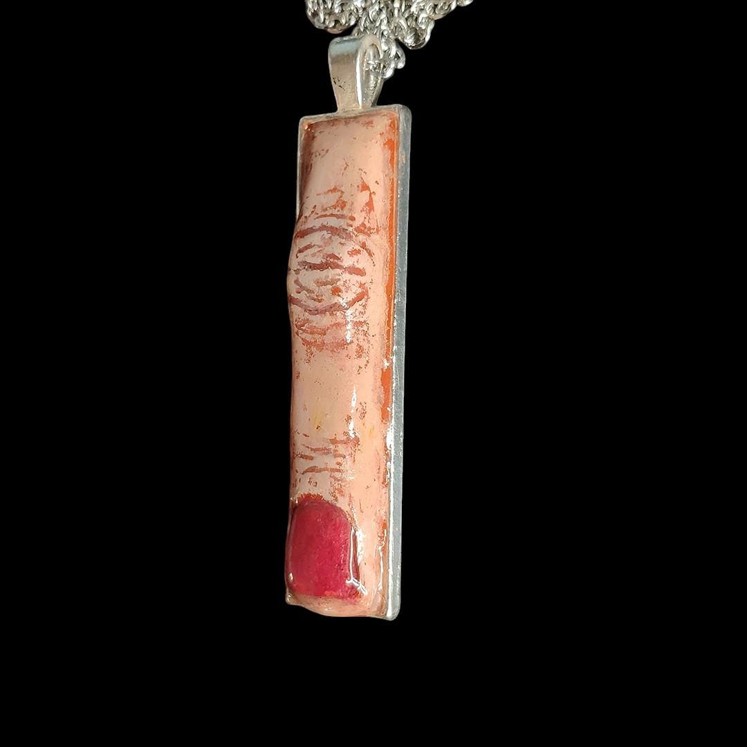 Red Nail Finger Necklace ā Handmade Clay & Resin Surreal Statement Jewelry, Sculptural Wearable Art with Alloy Pendant / Chain OOAK