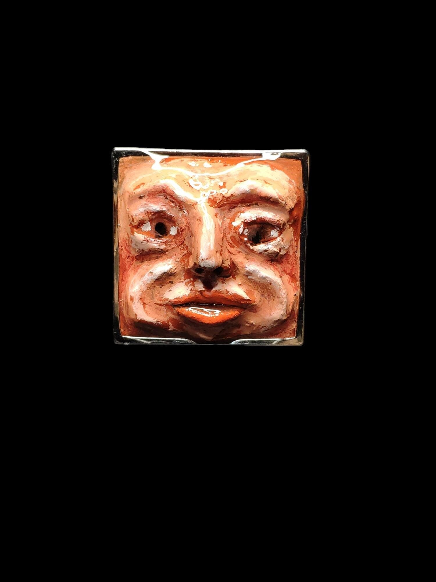 Gazing Man Ring – Handmade Clay & Resin Surreal Statement Jewelry, Sculptural Artistic Wearable Art on Adjustable Stainless Steel Band OOAK