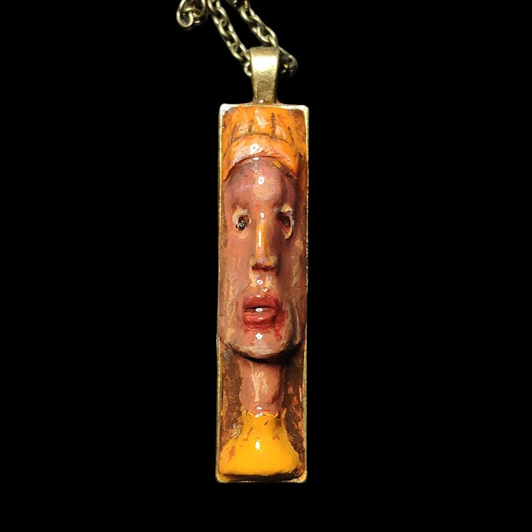 Indigenous Inspired Necklace – Handmade Clay & Resin Surreal Statement Jewelry, Sculptural Wearable Art with Alloy Pendant / Chain OOAK