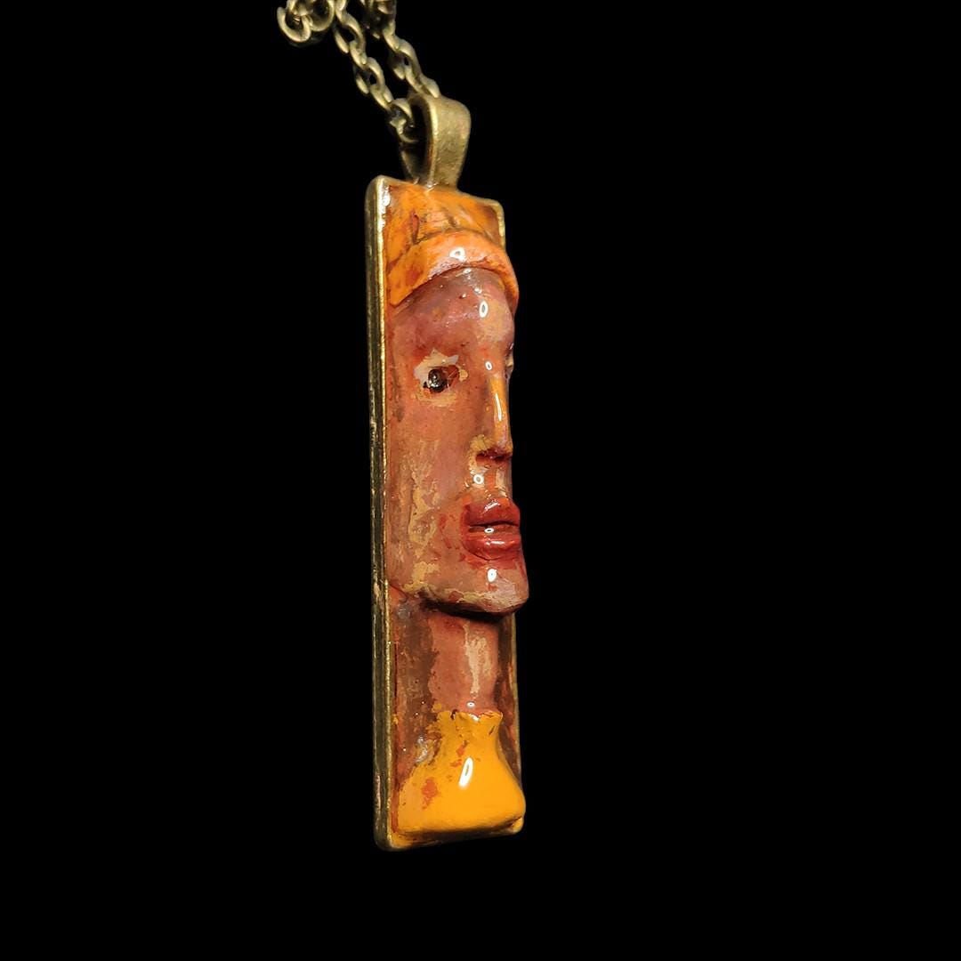 Indigenous Inspired Necklace ā Handmade Clay & Resin Surreal Statement Jewelry, Sculptural Wearable Art with Alloy Pendant / Chain OOAK