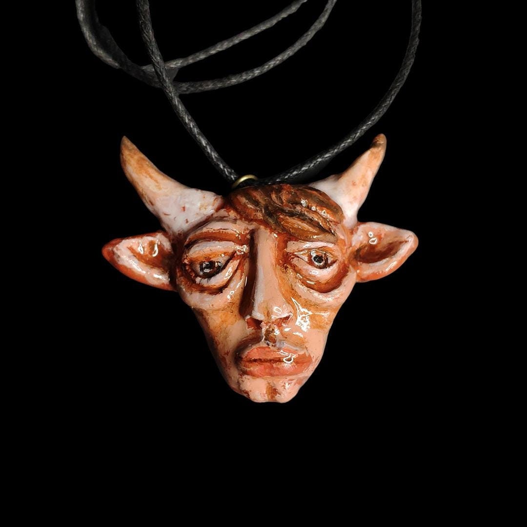 Human Cow Chimera Necklace – Handmade Clay & Resin Surreal Statement Jewelry, Sculptural Fantasy Wearable Art OOAK