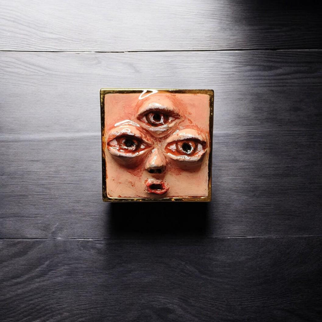 Third Eye Ring – Handmade Clay & Resin Surreal Face Jewelry, Mystical Sculptural Statement Art on Adjustable Stainless Steel Band