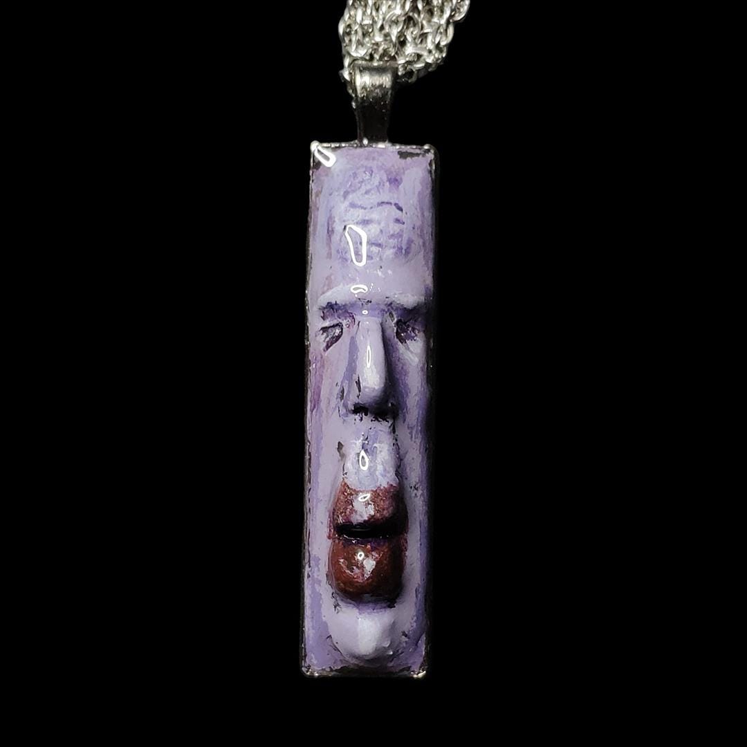 Purple Face Necklace – Handmade Clay & Resin Surreal Statement Jewelry, Sculptural Artistic Wearable Art with Alloy Pendant / Chain OOAK