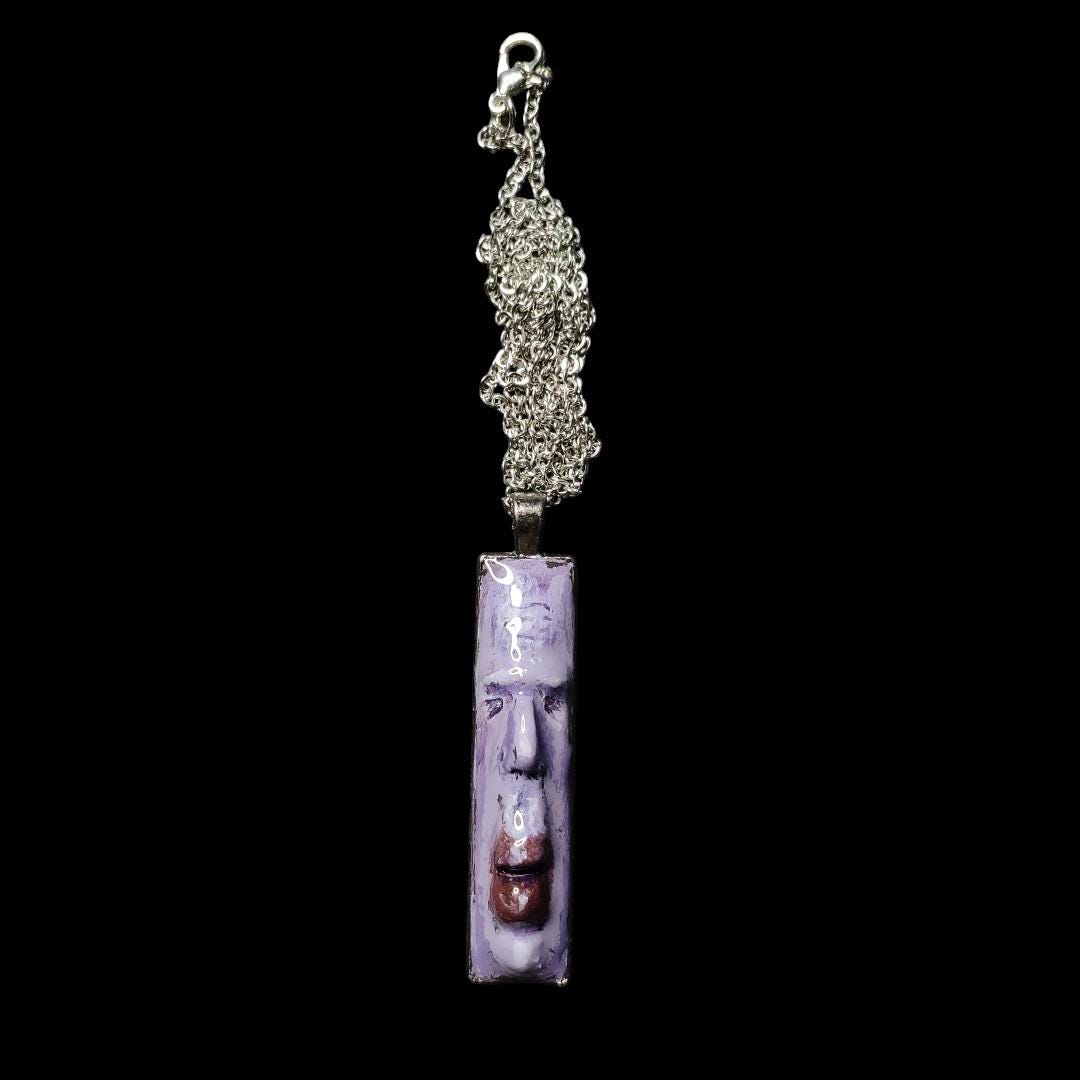 Purple Face Necklace ā Handmade Clay & Resin Surreal Statement Jewelry, Sculptural Artistic Wearable Art with Alloy Pendant / Chain OOAK