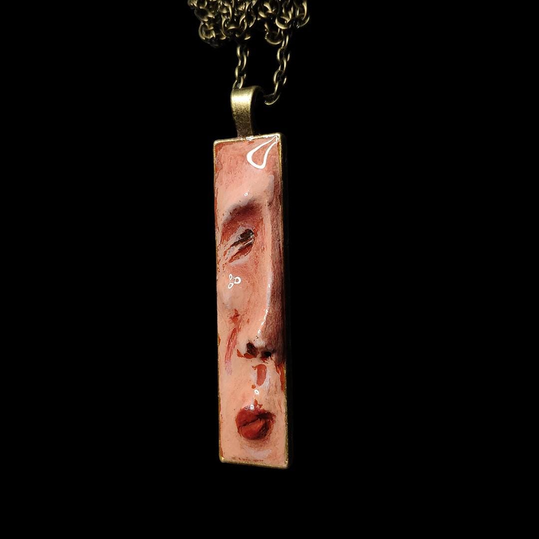 Profile Face Necklace ā Handmade Clay & Resin Surreal Statement Jewelry, Sculptural Wearable Art with Alloy Pendant / Chain OOAK