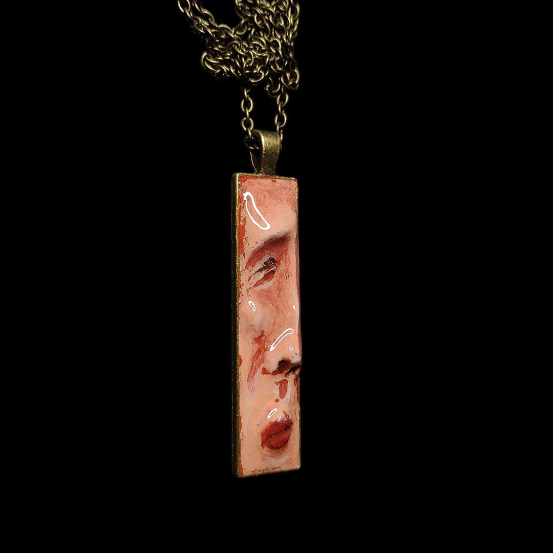 Profile Face Necklace ā Handmade Clay & Resin Surreal Statement Jewelry, Sculptural Wearable Art with Alloy Pendant / Chain OOAK
