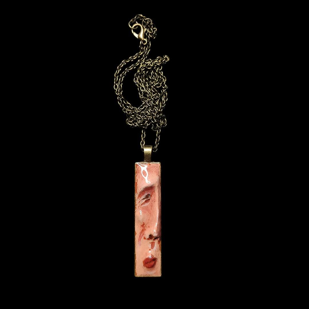 Profile Face Necklace ā Handmade Clay & Resin Surreal Statement Jewelry, Sculptural Wearable Art with Alloy Pendant / Chain OOAK
