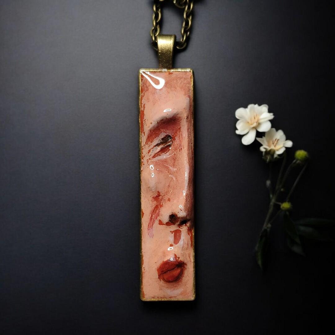 Profile Face Necklace – Handmade Clay & Resin Surreal Statement Jewelry, Sculptural Wearable Art with Alloy Pendant / Chain OOAK