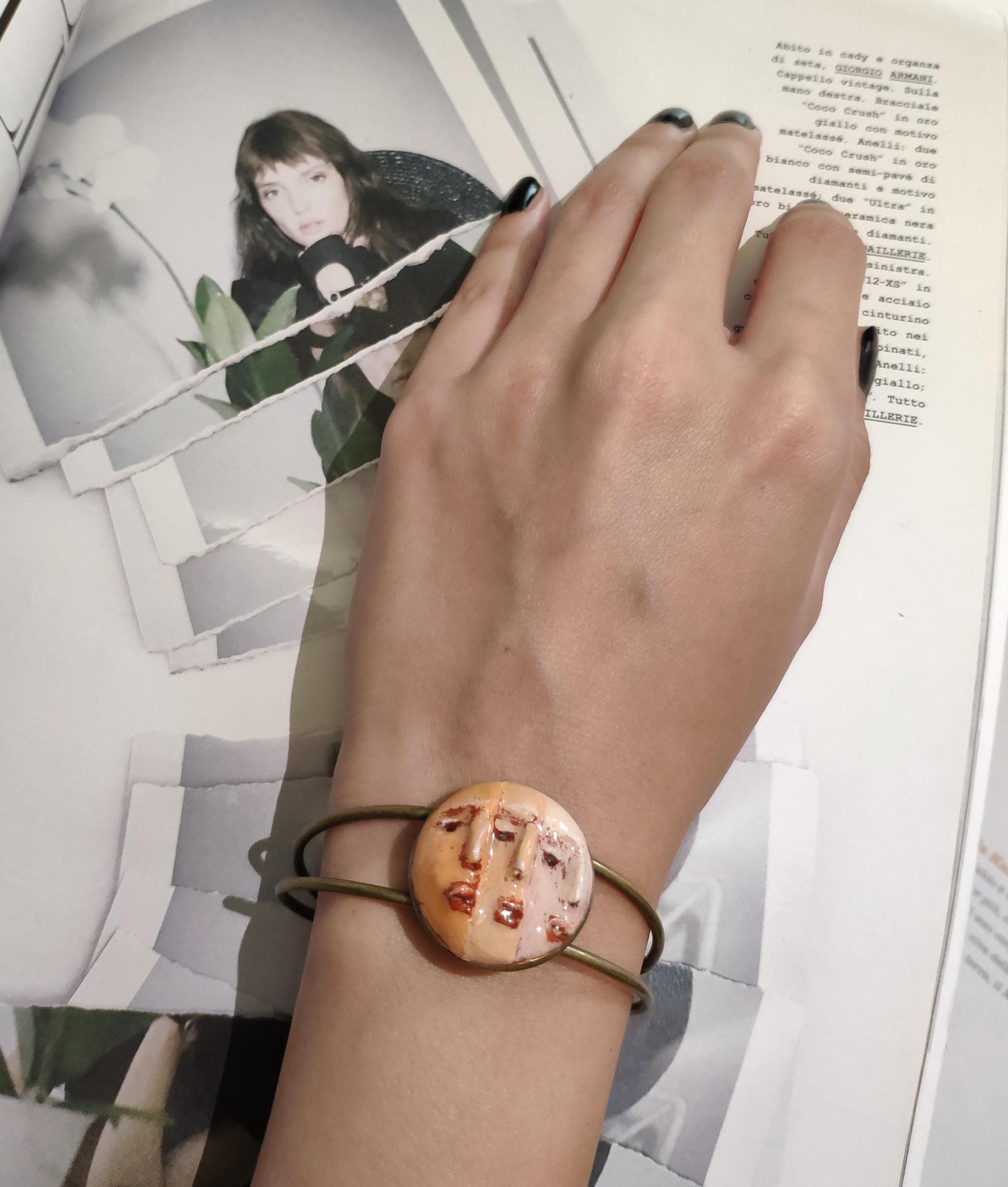 Three Faces Bracelet ā Handmade Clay & Resin Surreal Statement Jewelry, Sculptural Fantasy Wearable Art with Adjustable Copper Band OOAK
