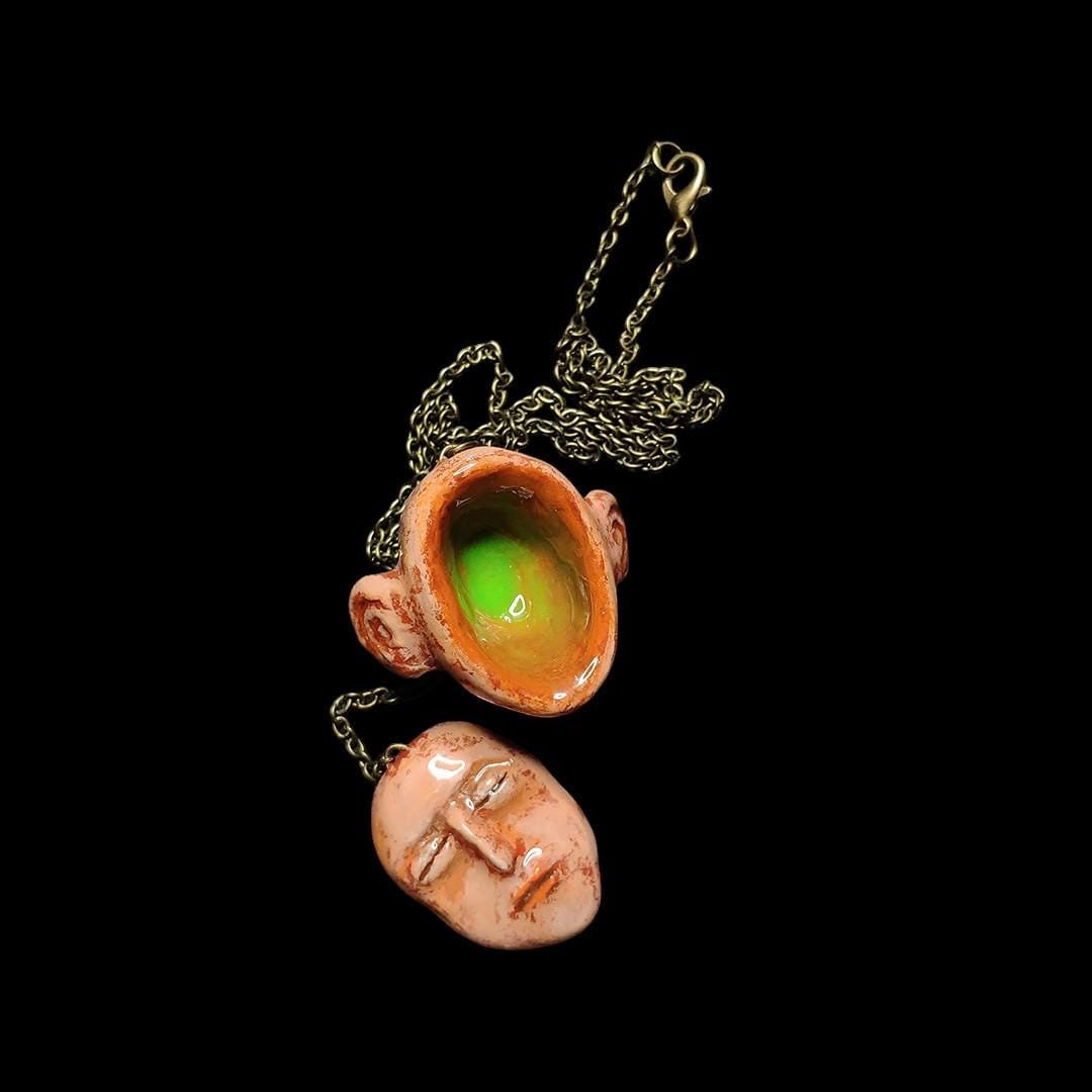Glowing Hollow Head Necklace – Handmade Clay & Resin Surreal Statement Jewelry with Face on Chain, Sculptural Wearable Art OOAK