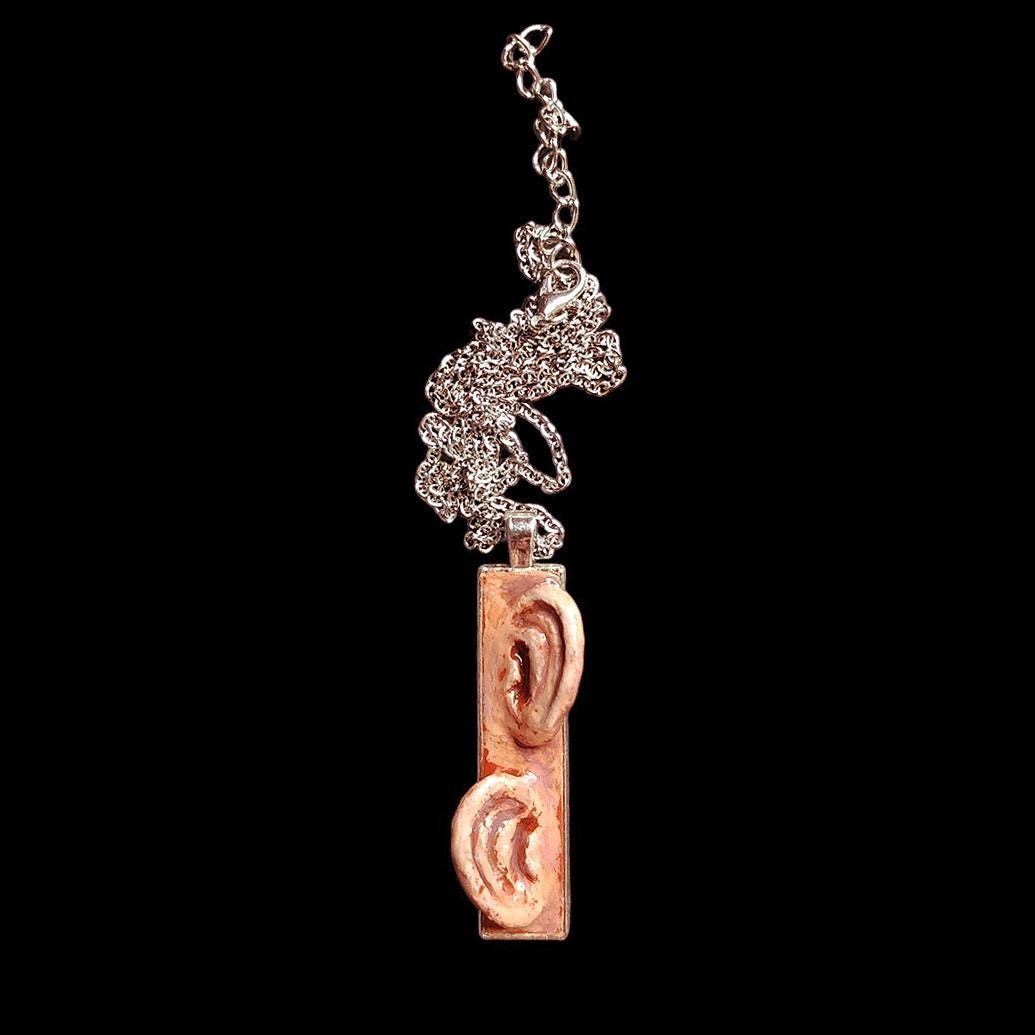 Two Ears Necklace ā Handmade Clay & Resin Surreal Statement Jewelry, Sculptural Artistic Wearable Art with Alloy Pendant / Chain OOAK