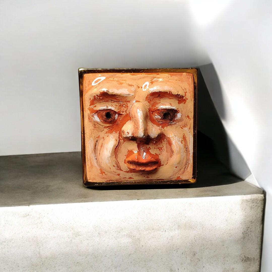 Staring Face Ring – Handmade Clay Surreal Statement Jewelry, Sculptural Artistic Wearable Art on Adjustable Stainless Steel Band OOAK