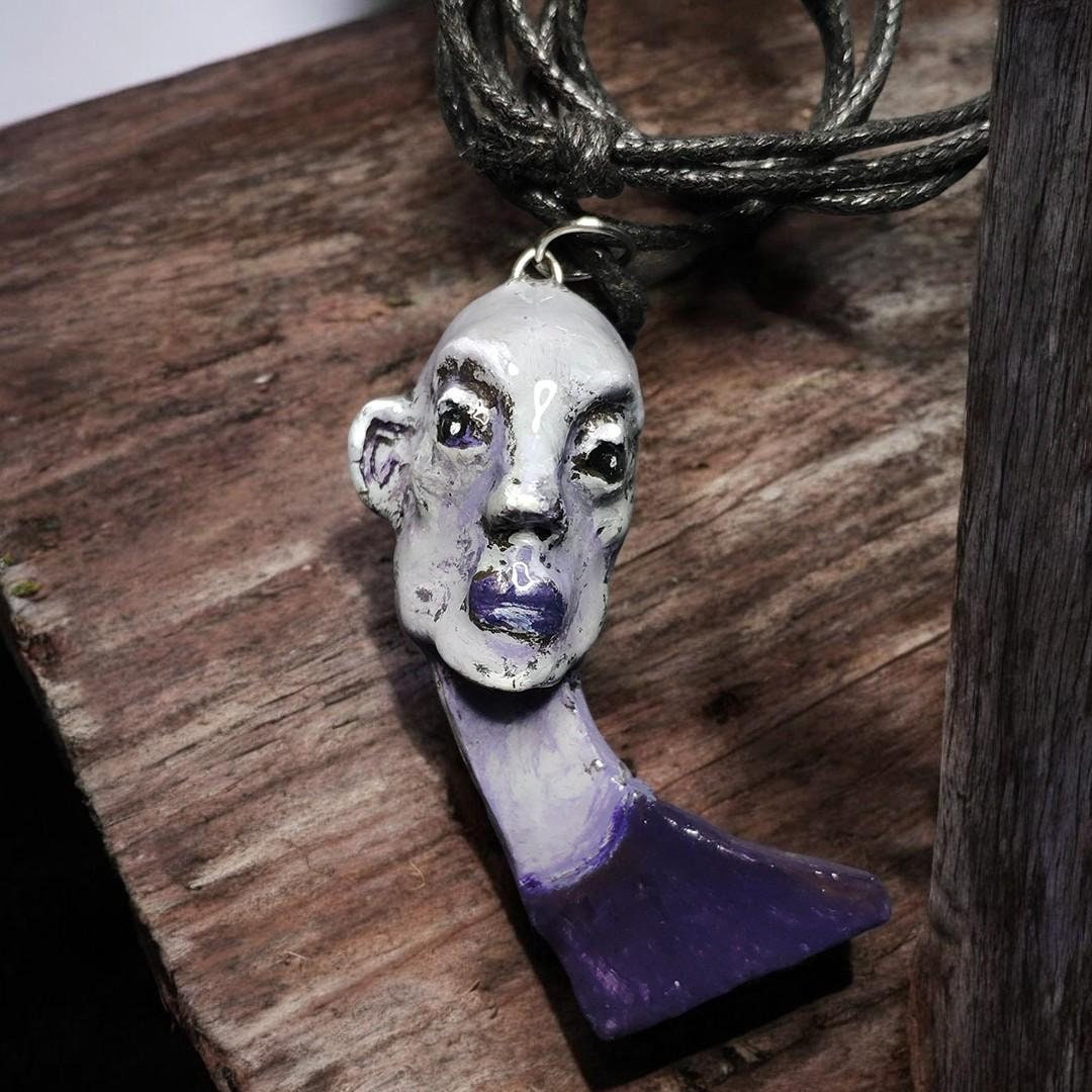 Bald Girl Necklace – Handmade Clay & Resin Surreal Statement Jewelry, Sculptural Artistic Wearable Art OOAK