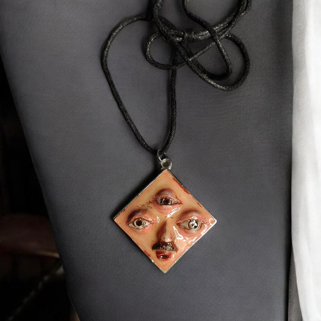 Third Eye Man Necklace ā Handmade Clay & Resin Surreal Statement Jewelry, Sculptural Mystical Wearable Art OOAK