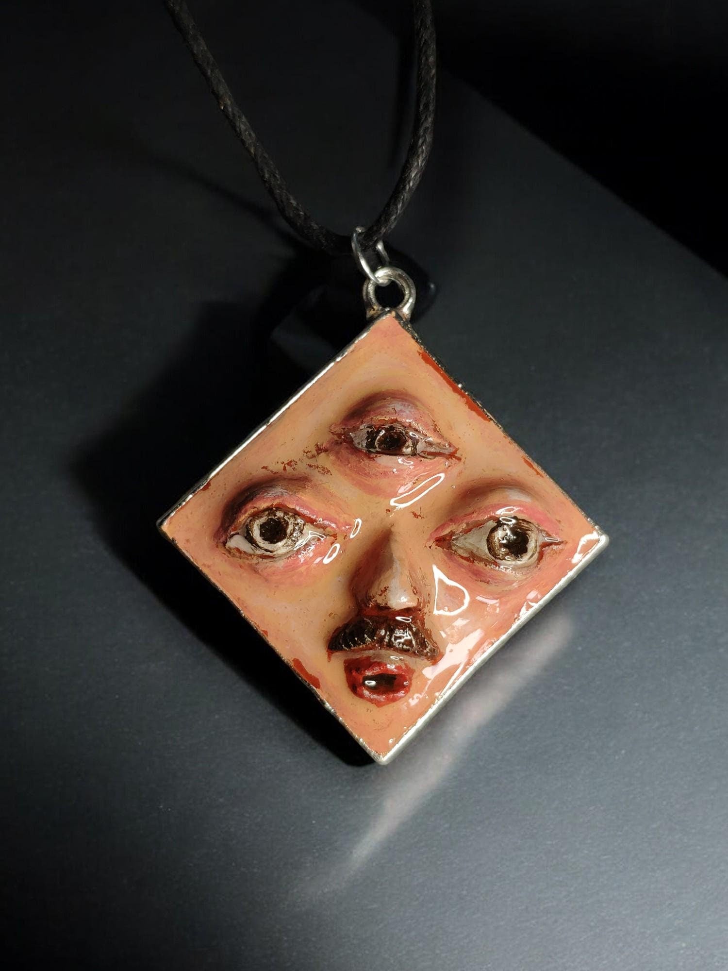 Third Eye Man Necklace – Handmade Clay & Resin Surreal Statement Jewelry, Sculptural Mystical Wearable Art OOAK