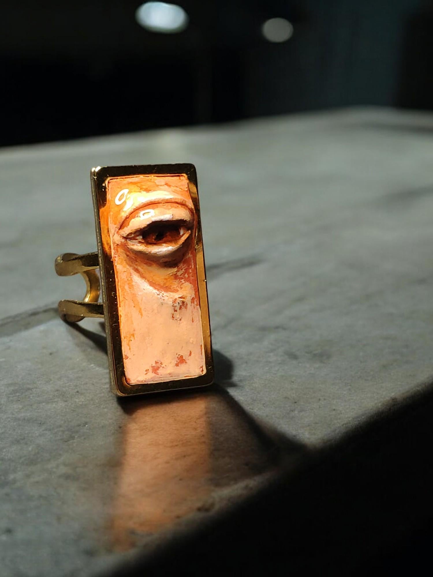 Rectangular One Eye Ring ā Handmade Clay & Resin Surreal Statement Jewelry, Sculptural Wearable Art on Adjustable Stainless Steel Band