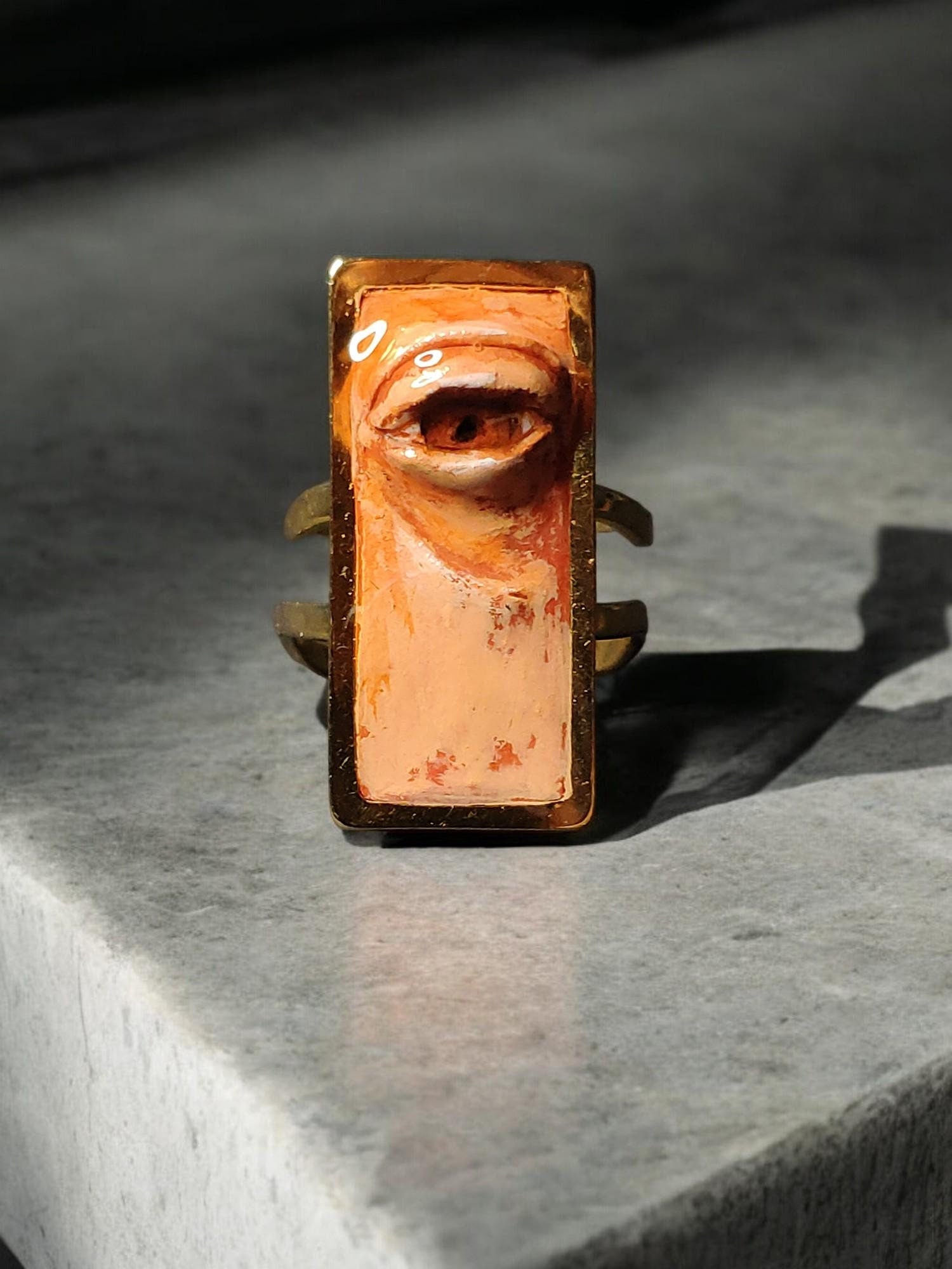 Rectangular One Eye Ring – Handmade Clay & Resin Surreal Statement Jewelry, Sculptural Wearable Art on Adjustable Stainless Steel Band