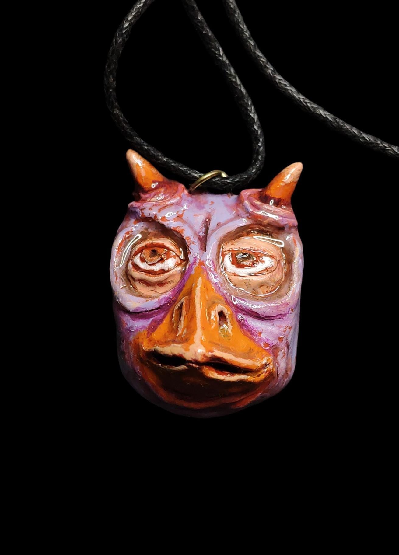 Human Owl Chimera Necklace – Handmade Clay & Resin Surreal Statement Jewelry, Sculptural Fantasy Wearable Art OOAK