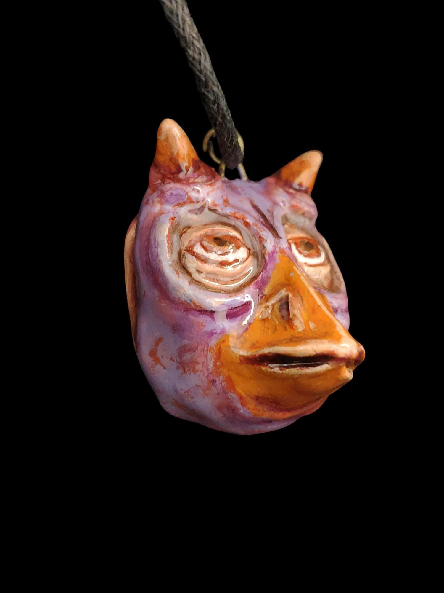 Human Owl Chimera Necklace ā Handmade Clay & Resin Surreal Statement Jewelry, Sculptural Fantasy Wearable Art OOAK