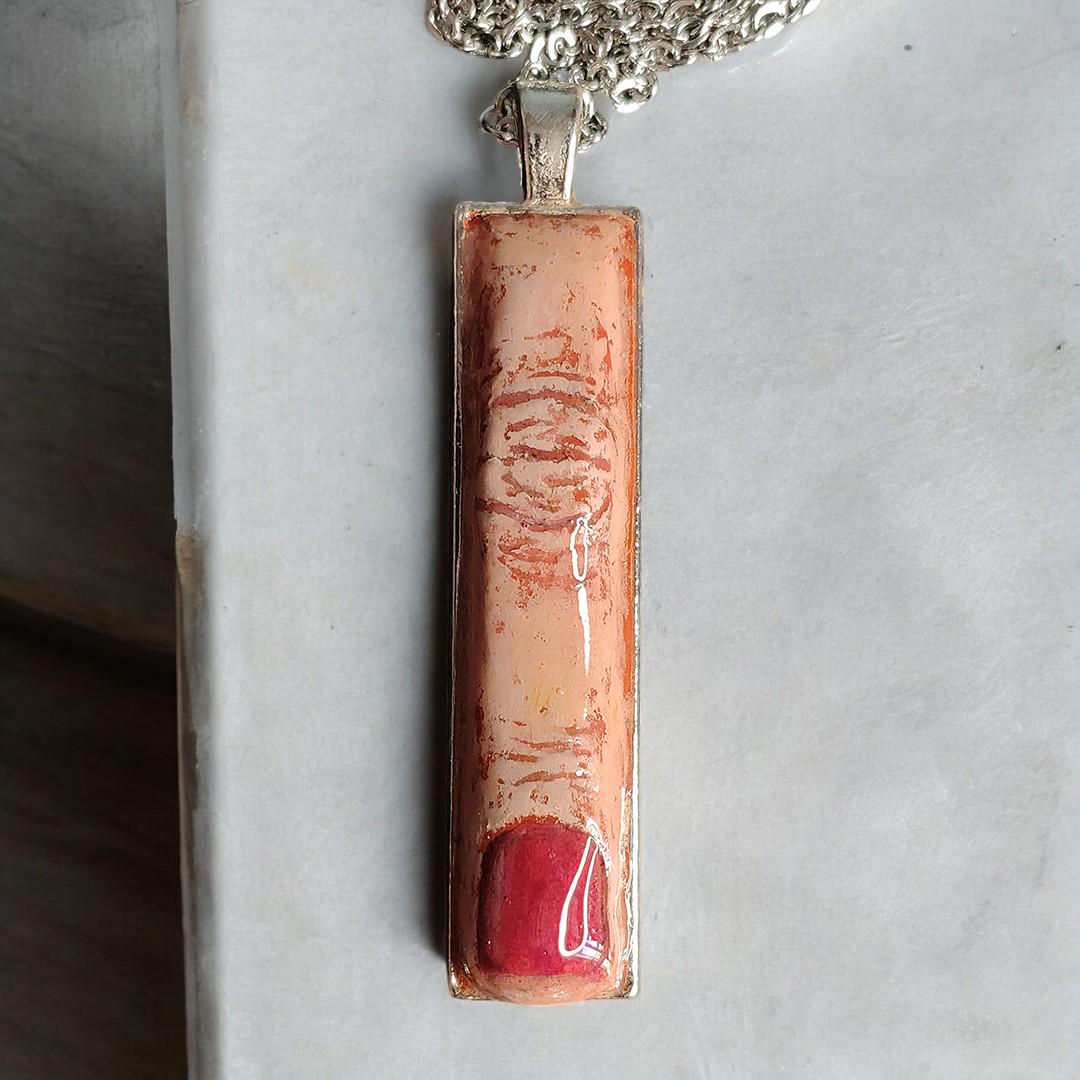 Red Nail Finger Necklace – Handmade Clay & Resin Surreal Statement Jewelry, Sculptural Wearable Art with Alloy Pendant / Chain OOAK