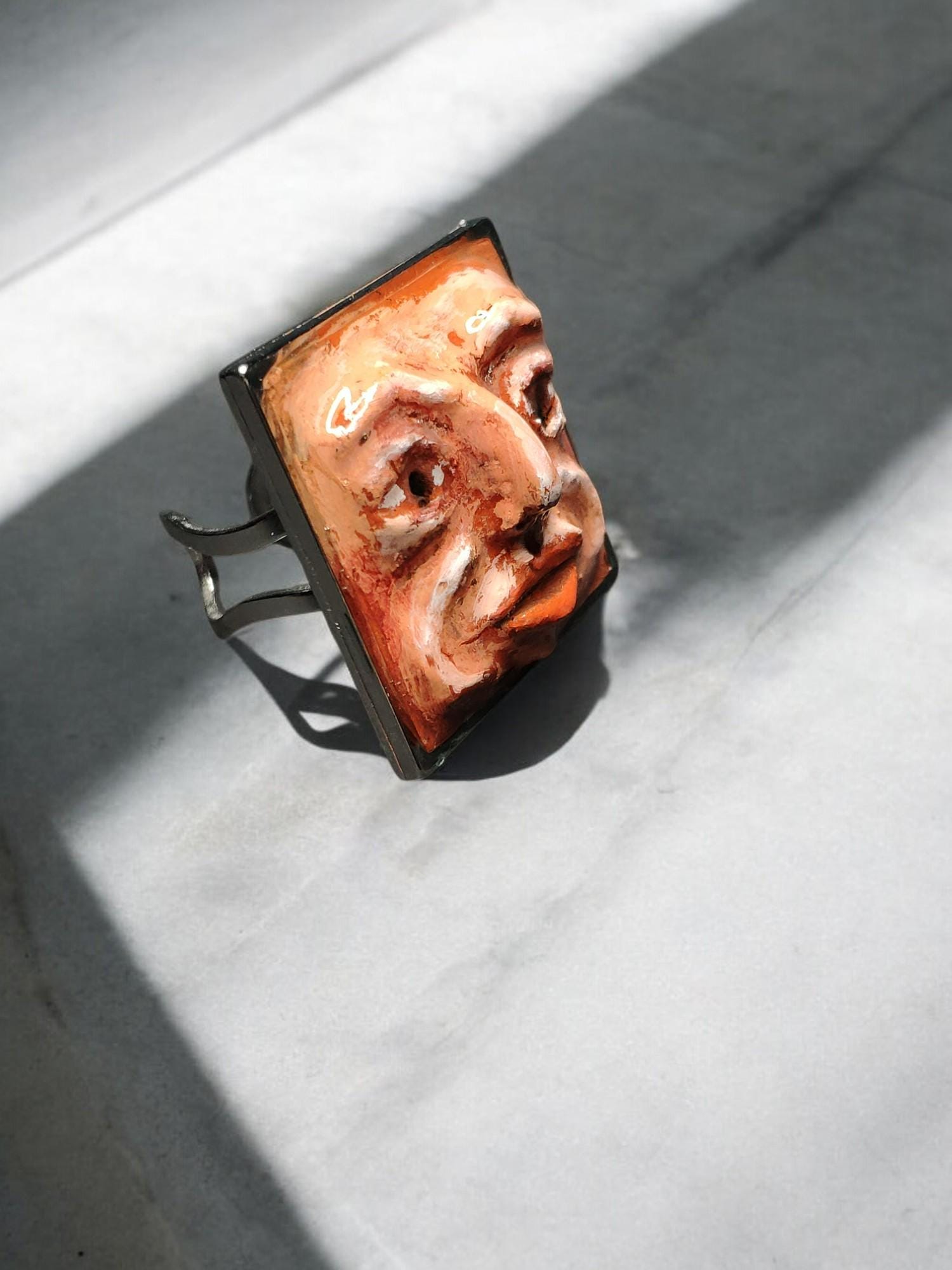 Gazing Man Ring ā Handmade Clay & Resin Surreal Statement Jewelry, Sculptural Artistic Wearable Art on Adjustable Stainless Steel Band OOAK