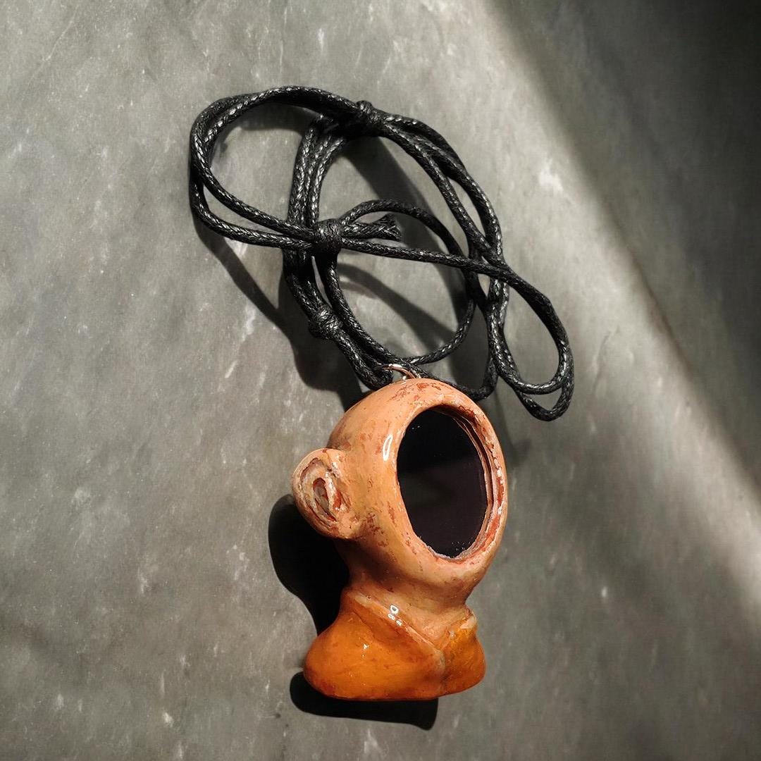 Mirror Face Necklace ā Handmade Clay & Resin Surreal Statement Jewelry, Sculptural Fantasy Wearable Art OOAK
