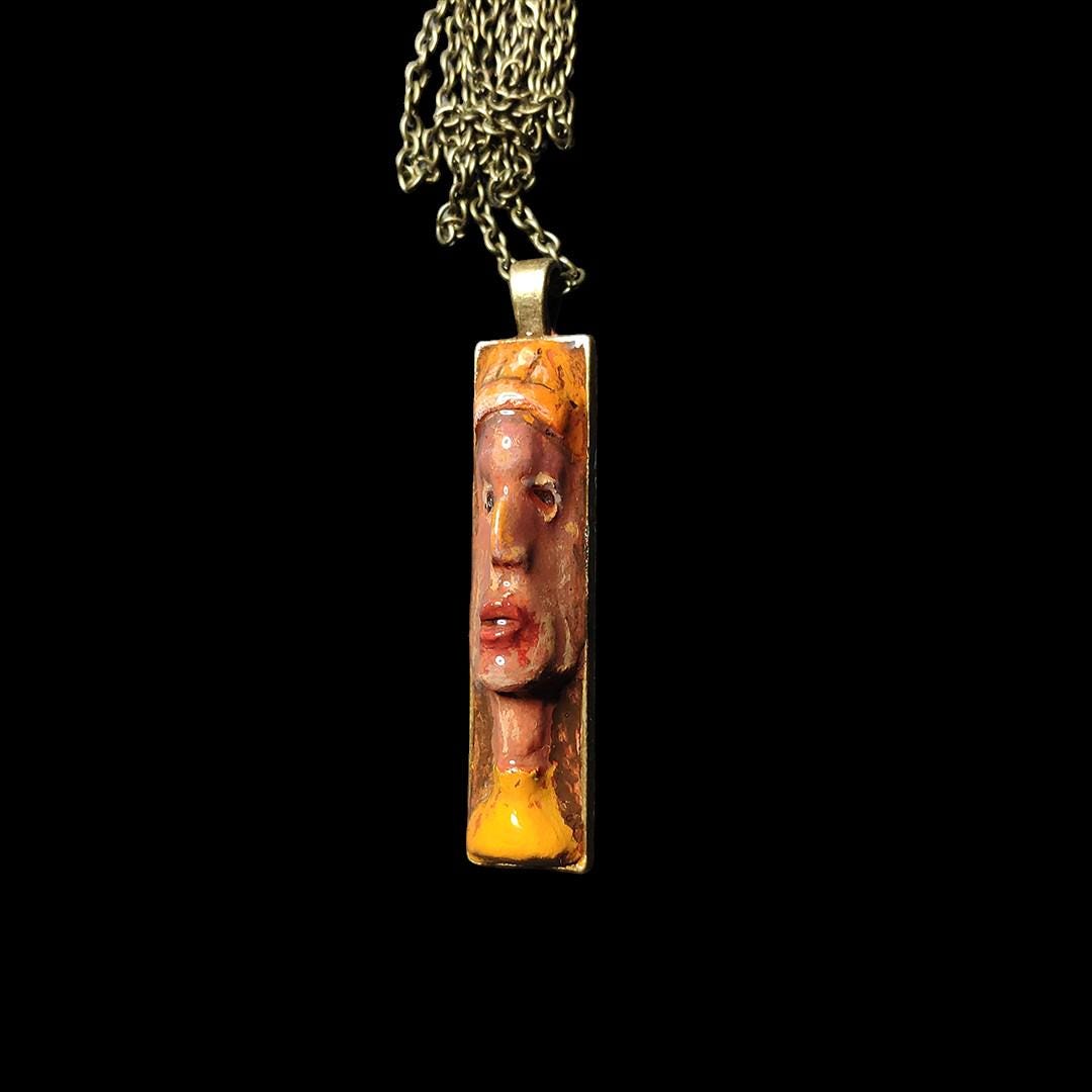 Indigenous Inspired Necklace ā Handmade Clay & Resin Surreal Statement Jewelry, Sculptural Wearable Art with Alloy Pendant / Chain OOAK