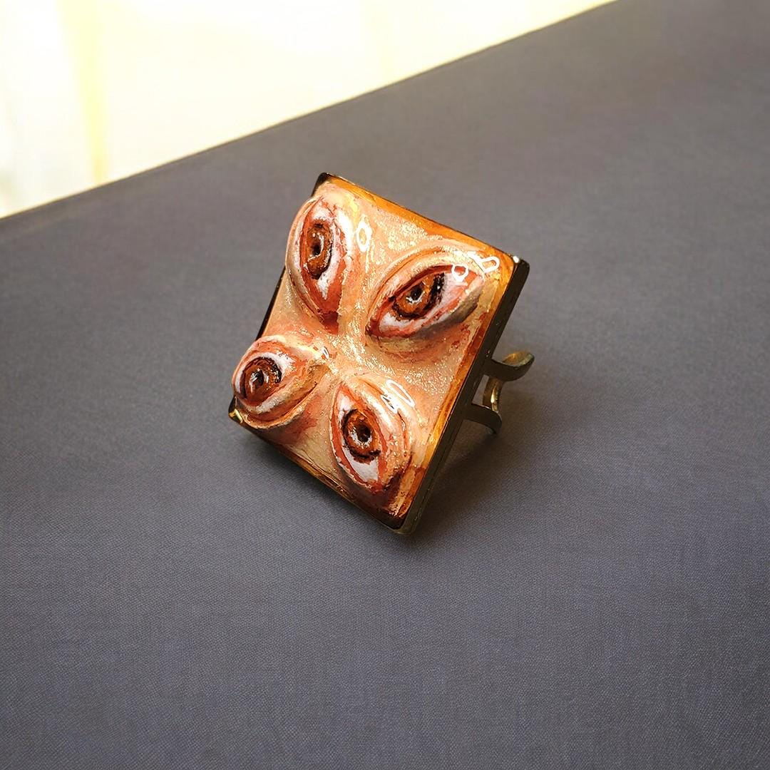 Four Eyes Ring ā Handmade Clay & Resin Surreal Statement Jewelry, Sculptural Fantasy Wearable Art on Adjustable Stainless Steel Band OOAK