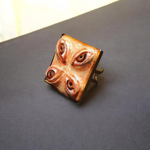 Four Eyes Ring ā Handmade Clay & Resin Surreal Statement Jewelry, Sculptural Fantasy Wearable Art on Adjustable Stainless Steel Band OOAK