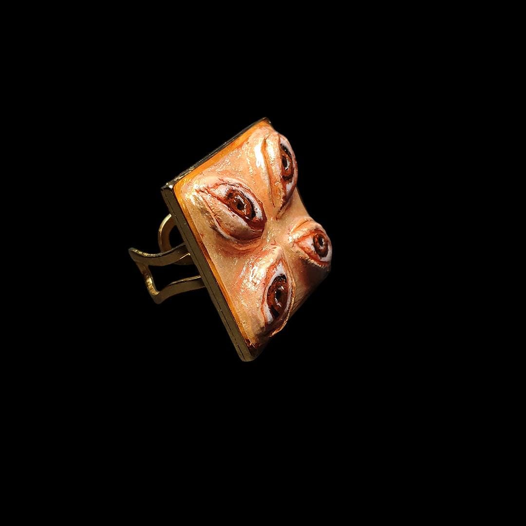 Four Eyes Ring ā Handmade Clay & Resin Surreal Statement Jewelry, Sculptural Fantasy Wearable Art on Adjustable Stainless Steel Band OOAK